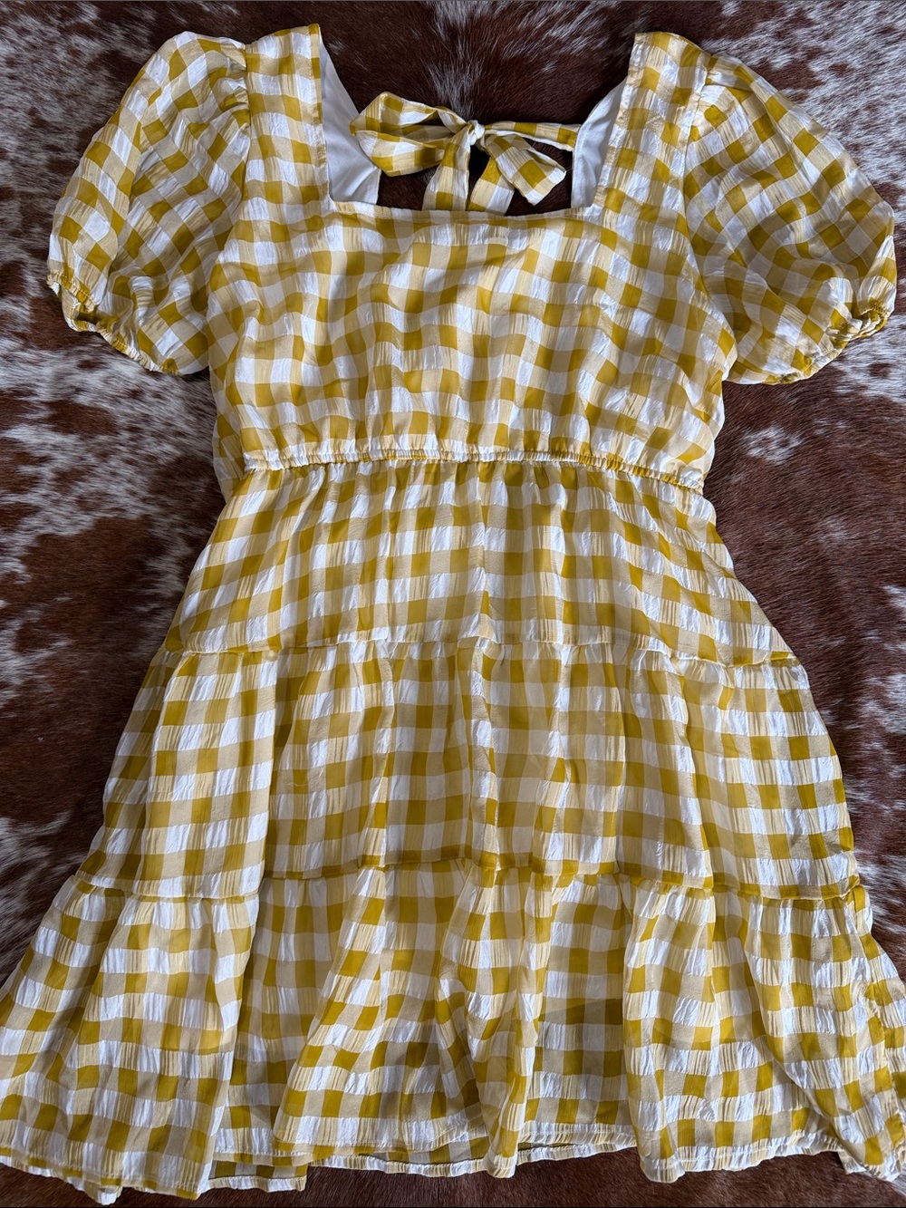 mine Yellow Gingham Puff-Sleeve Mini Dress